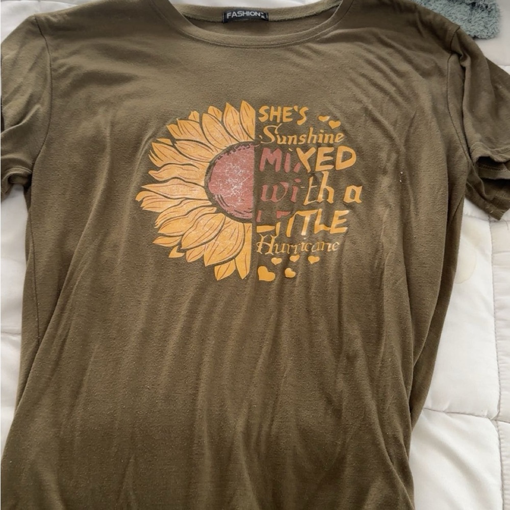 Olive Green Graphic Tee with Sunflower Design